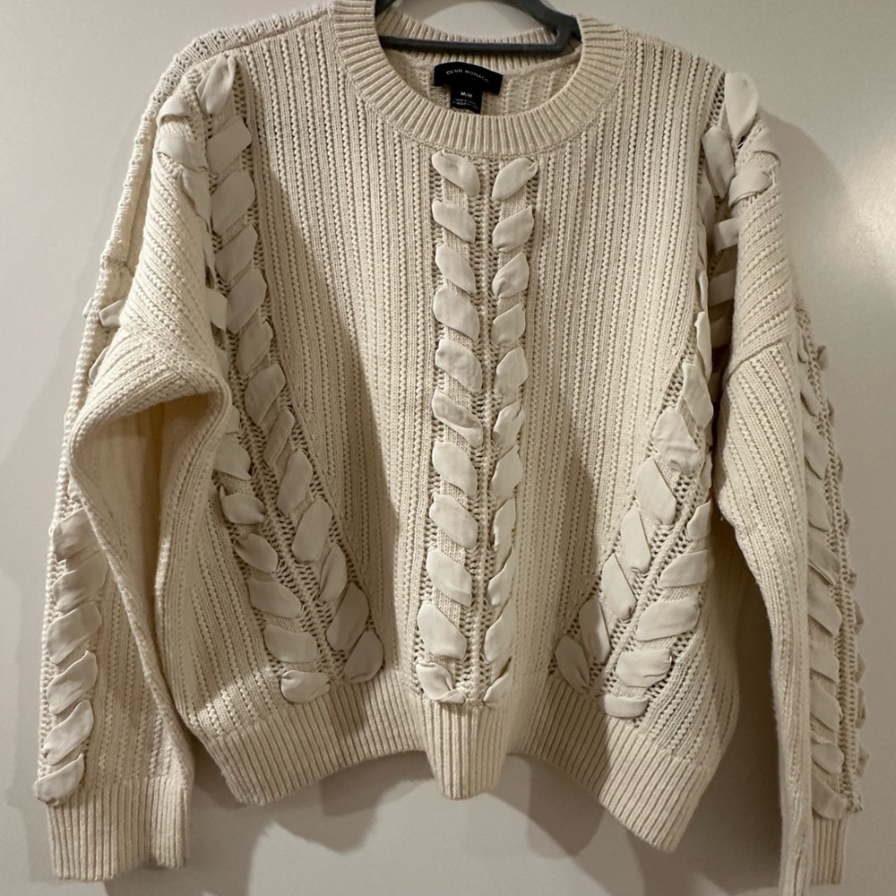 Club Monaco Wool Blend Sweater Cream Sweater with Braided Detailing